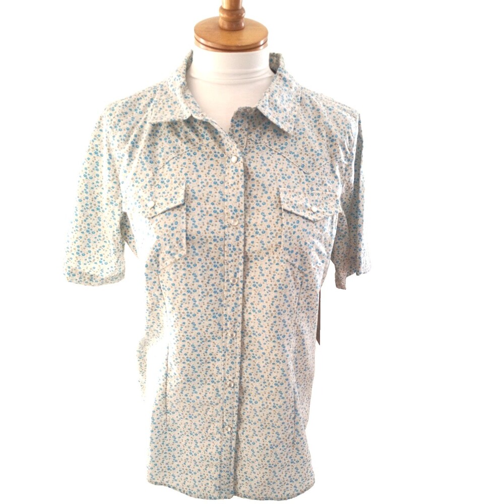 Bit & Bridle Blue Floral Snap Front Short Sleeve Shirt Size L New with Tags